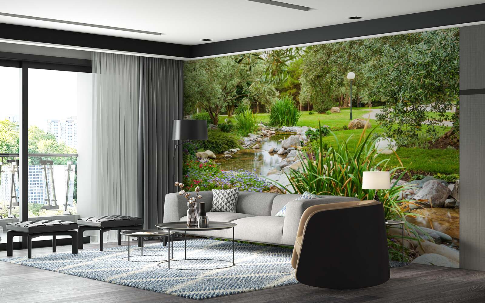 Papier peint un ruisseau qui coule dans une prairie verdoyante