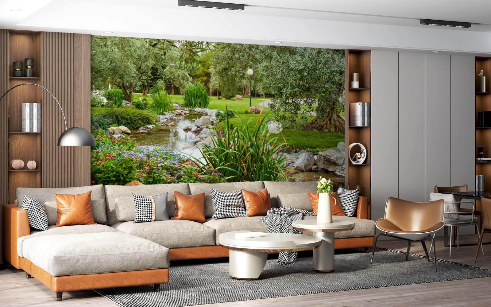 Papier peint un ruisseau qui coule dans une prairie verdoyante