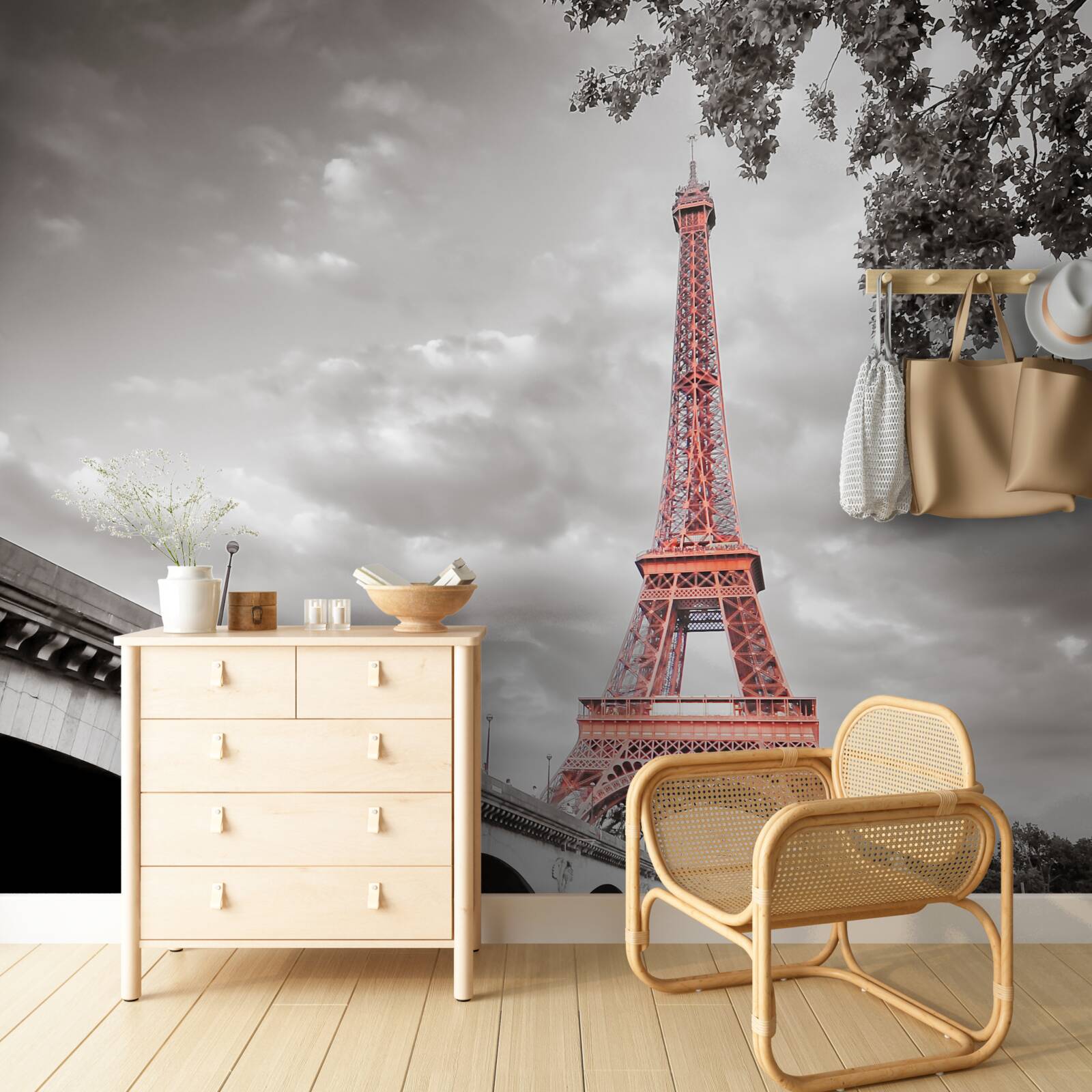 Papier peint derrière l'ancien pont qui enjambe la rivière, on peut voir la tour Eiffel