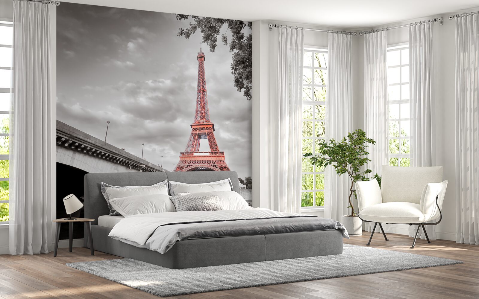 Papier peint derrière l'ancien pont qui enjambe la rivière, on peut voir la tour Eiffel