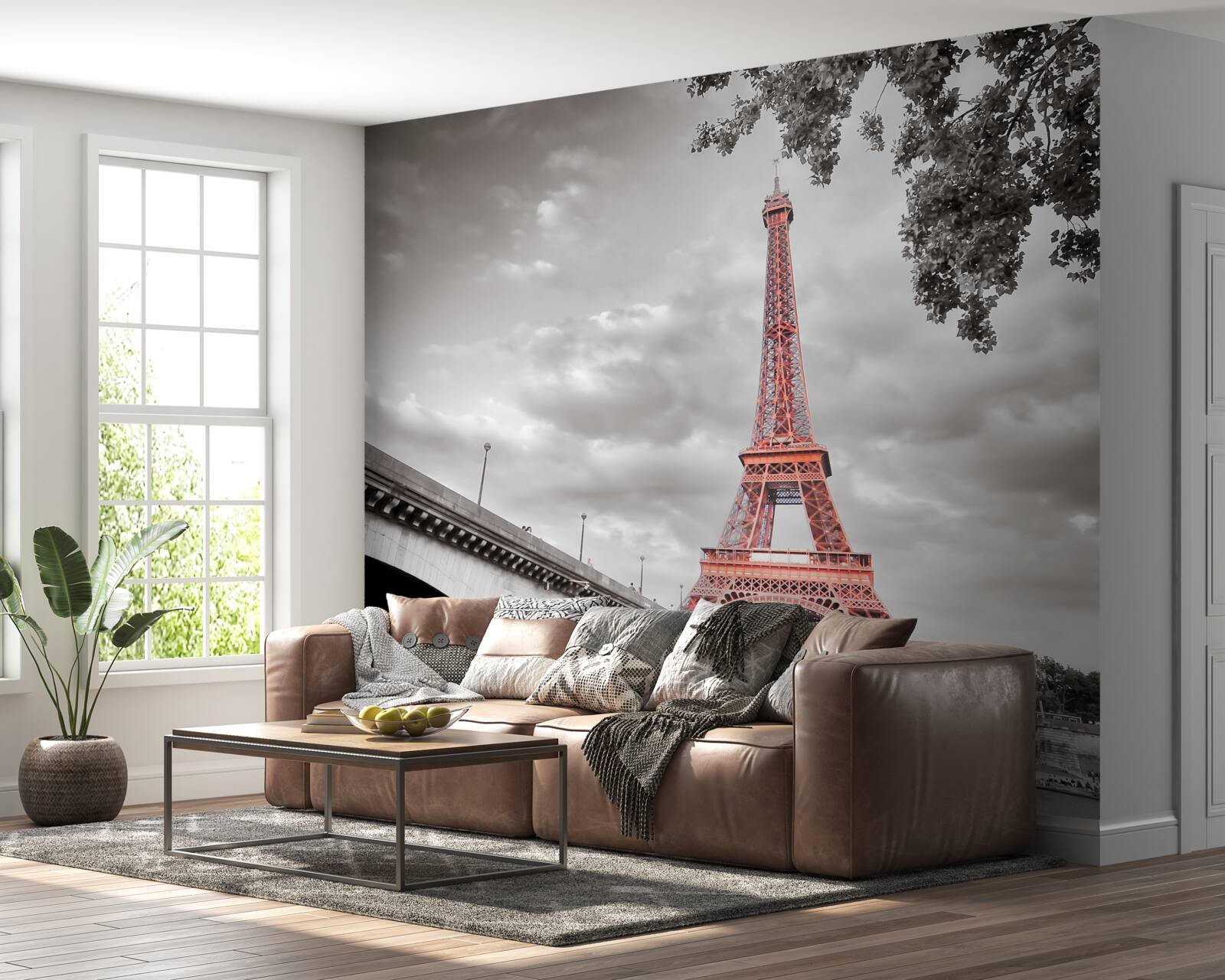 Papier peint derrière l'ancien pont qui enjambe la rivière, on peut voir la tour Eiffel