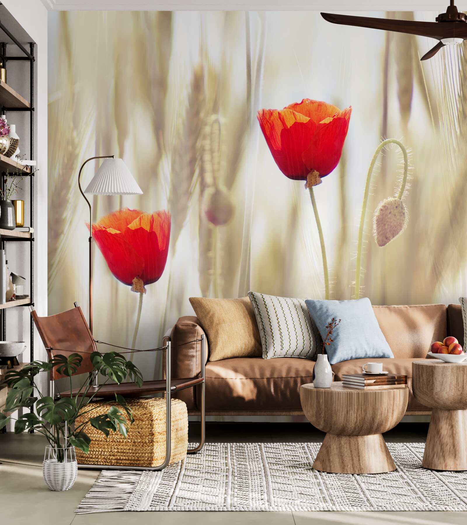 Papier peint des coquelicots écarlates poussent dans un champ de blé