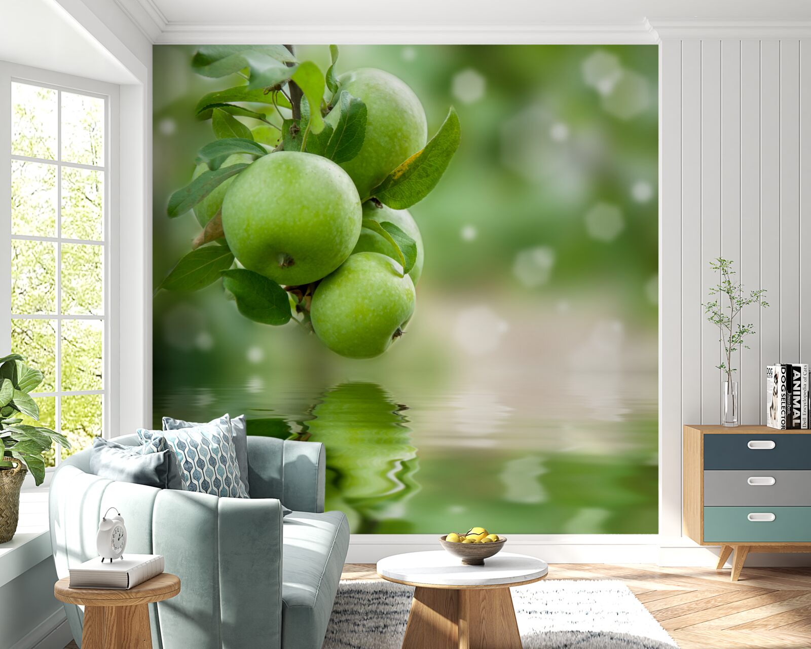 Papier peint pommes vertes se reflétant dans l'eau