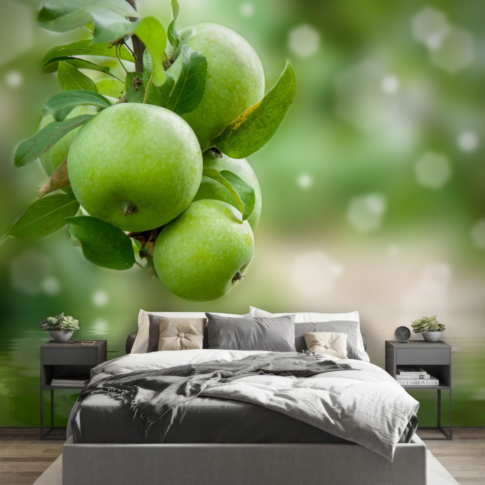 Papier peint pommes vertes se reflétant dans l'eau
