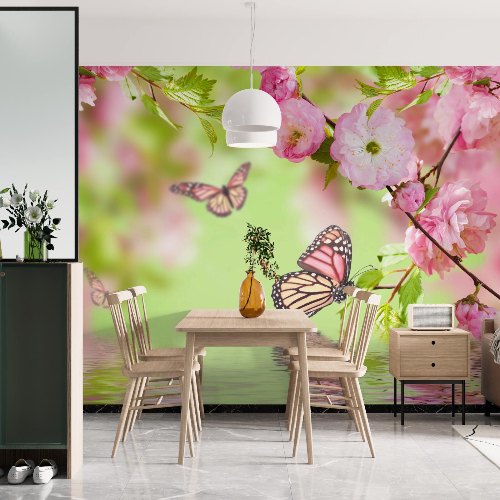 Papier peint des papillons se posent sur un cerisier en fleurs près d'un étang