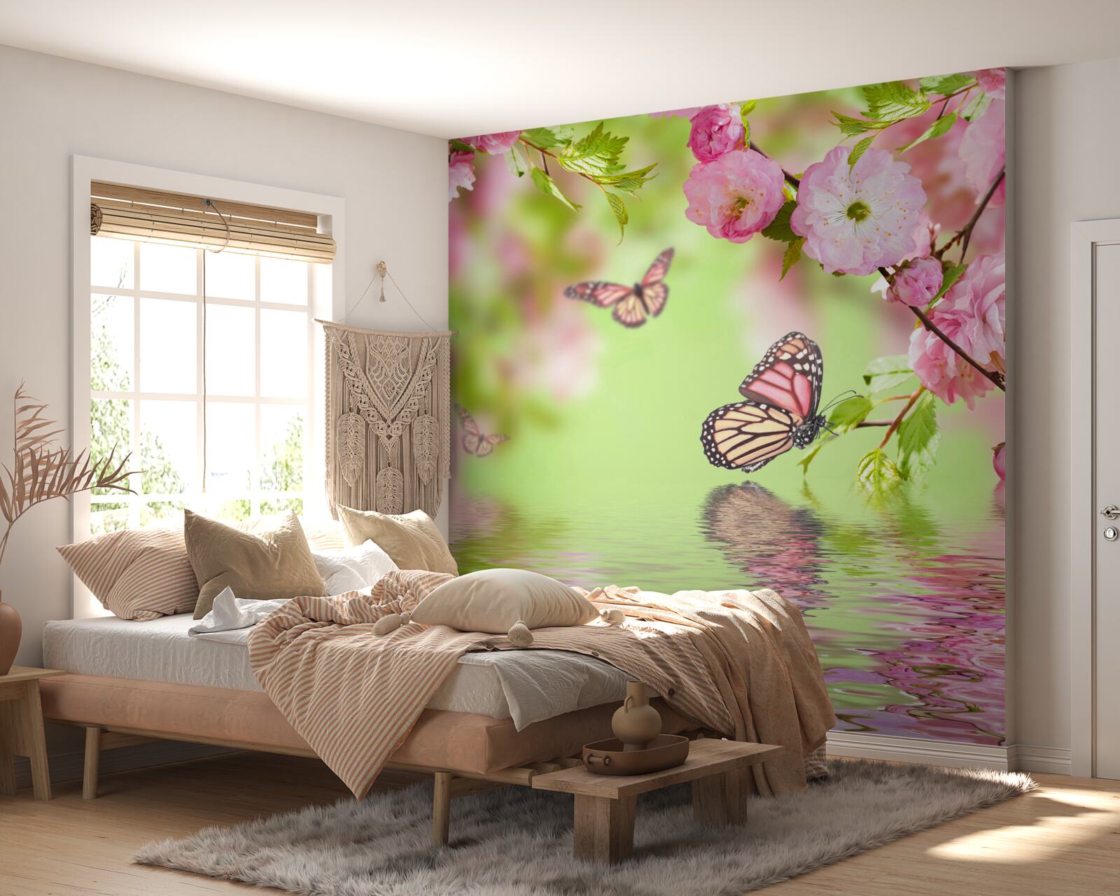 Papier peint des papillons se posent sur un cerisier en fleurs près d'un étang