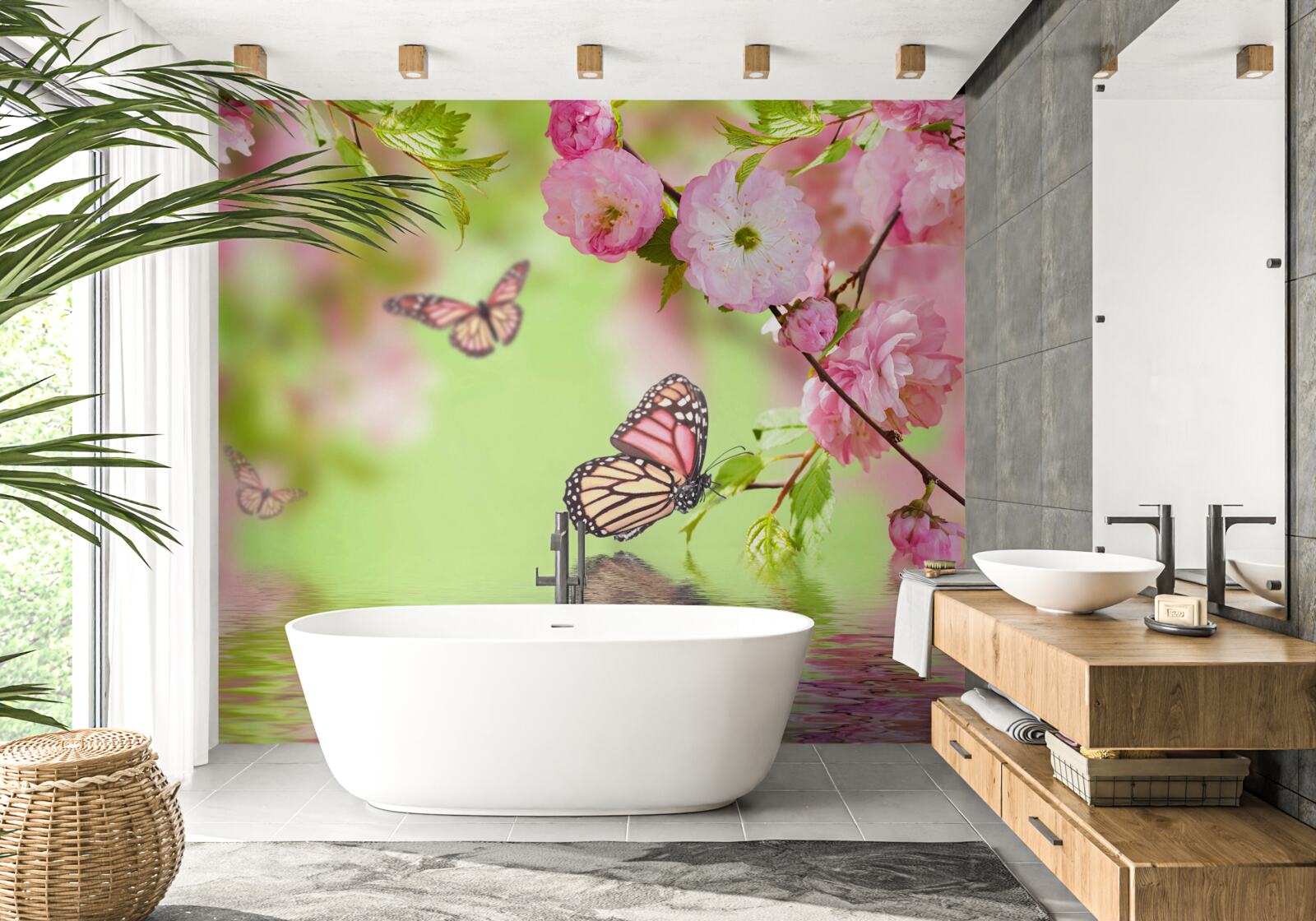 Papier peint des papillons se posent sur un cerisier en fleurs près d'un étang