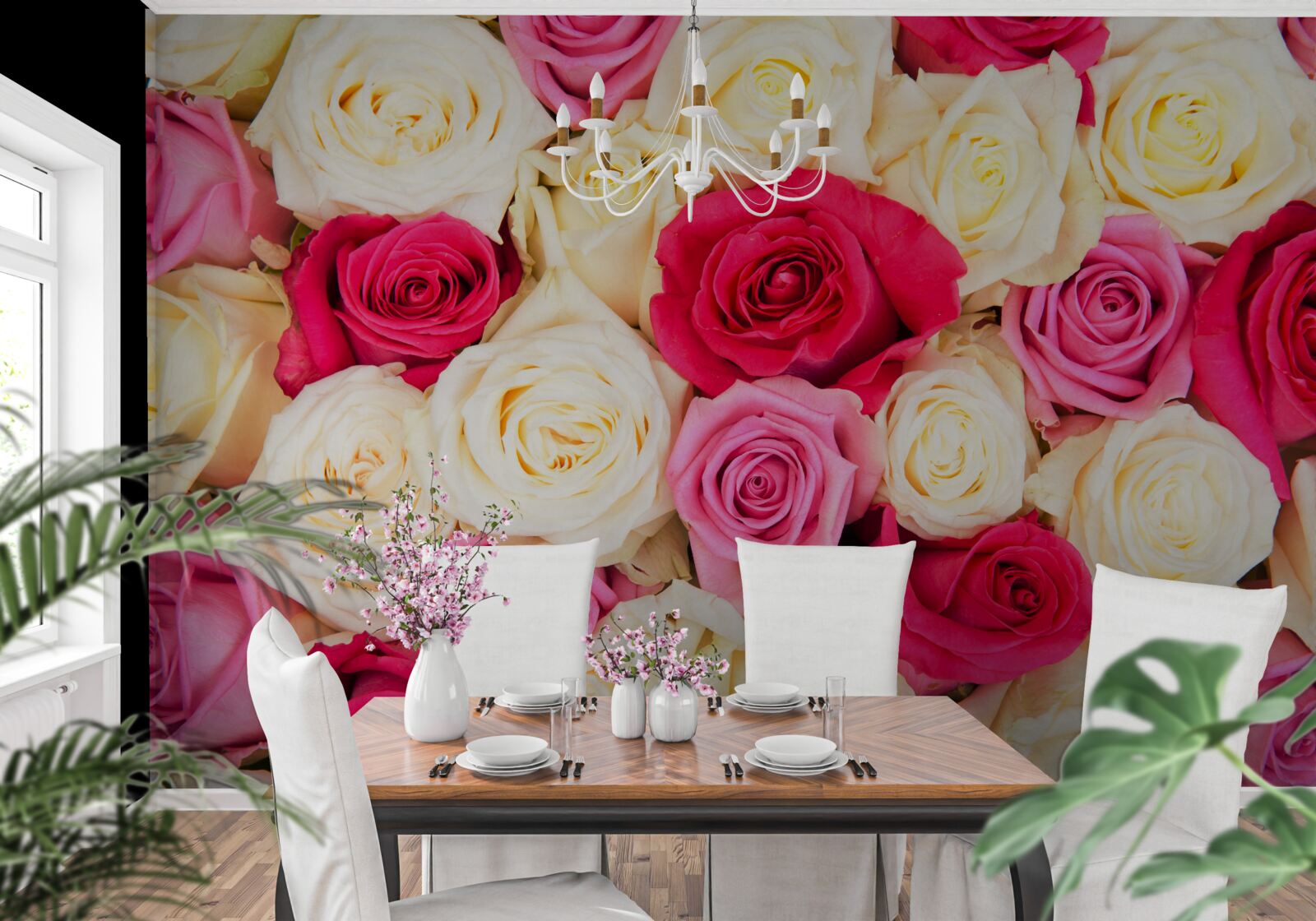 Papier peint bouquet de roses délicates de différentes teintes