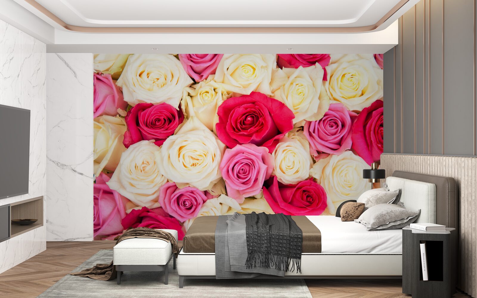 Papier peint bouquet de roses délicates de différentes teintes