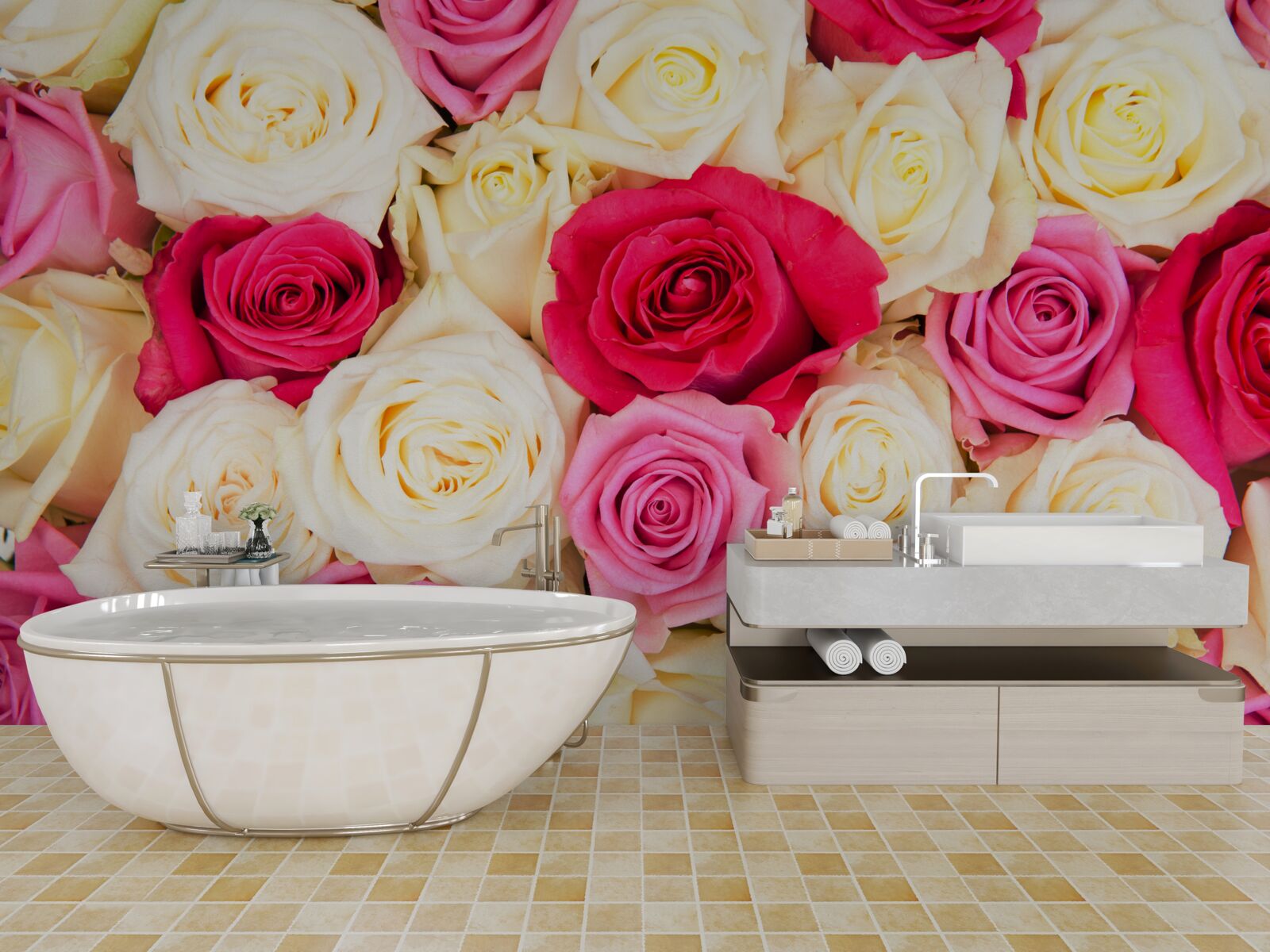 Papier peint bouquet de roses délicates de différentes teintes