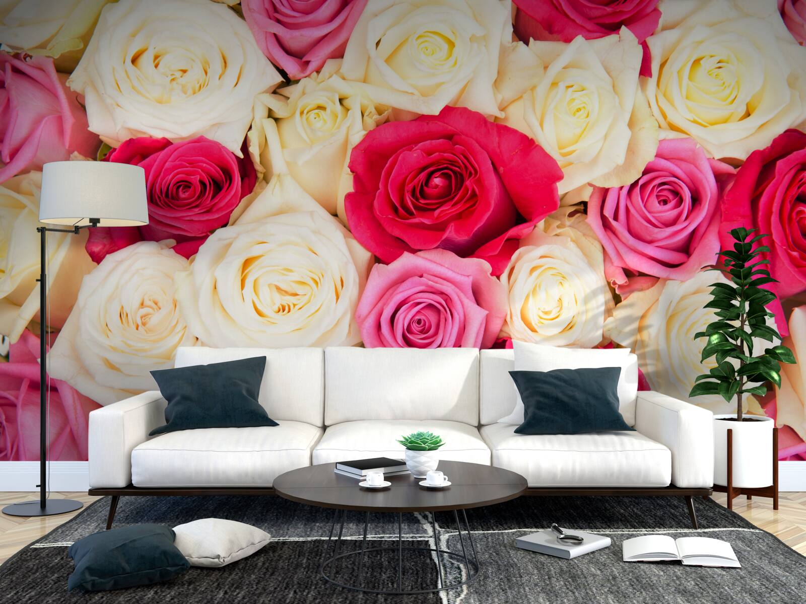 Papier peint bouquet de roses délicates de différentes teintes