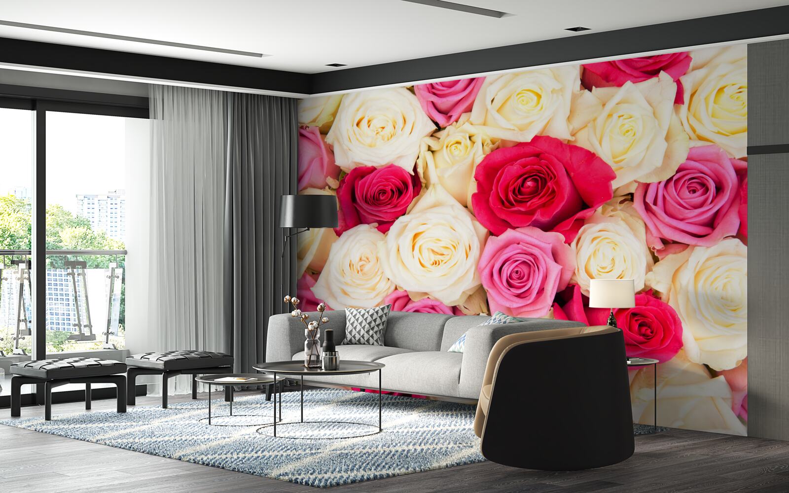 Papier peint bouquet de roses délicates de différentes teintes