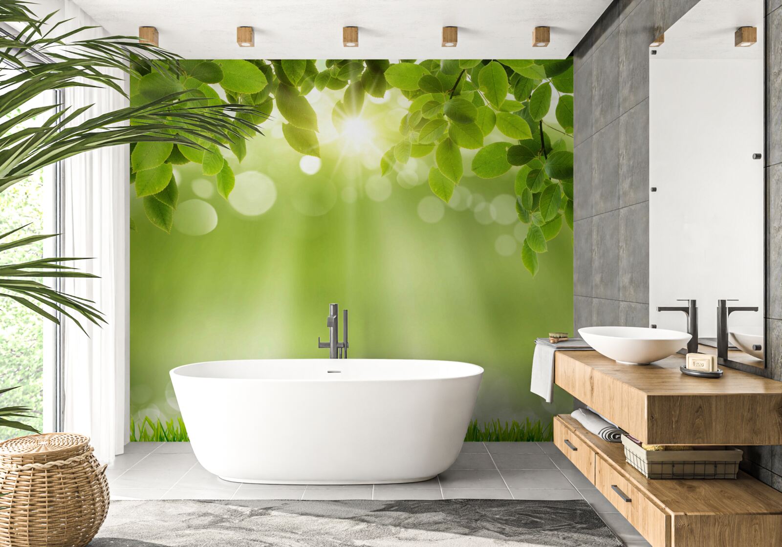 Papier peint les rayons du soleil illuminent une prairie sous la pluie