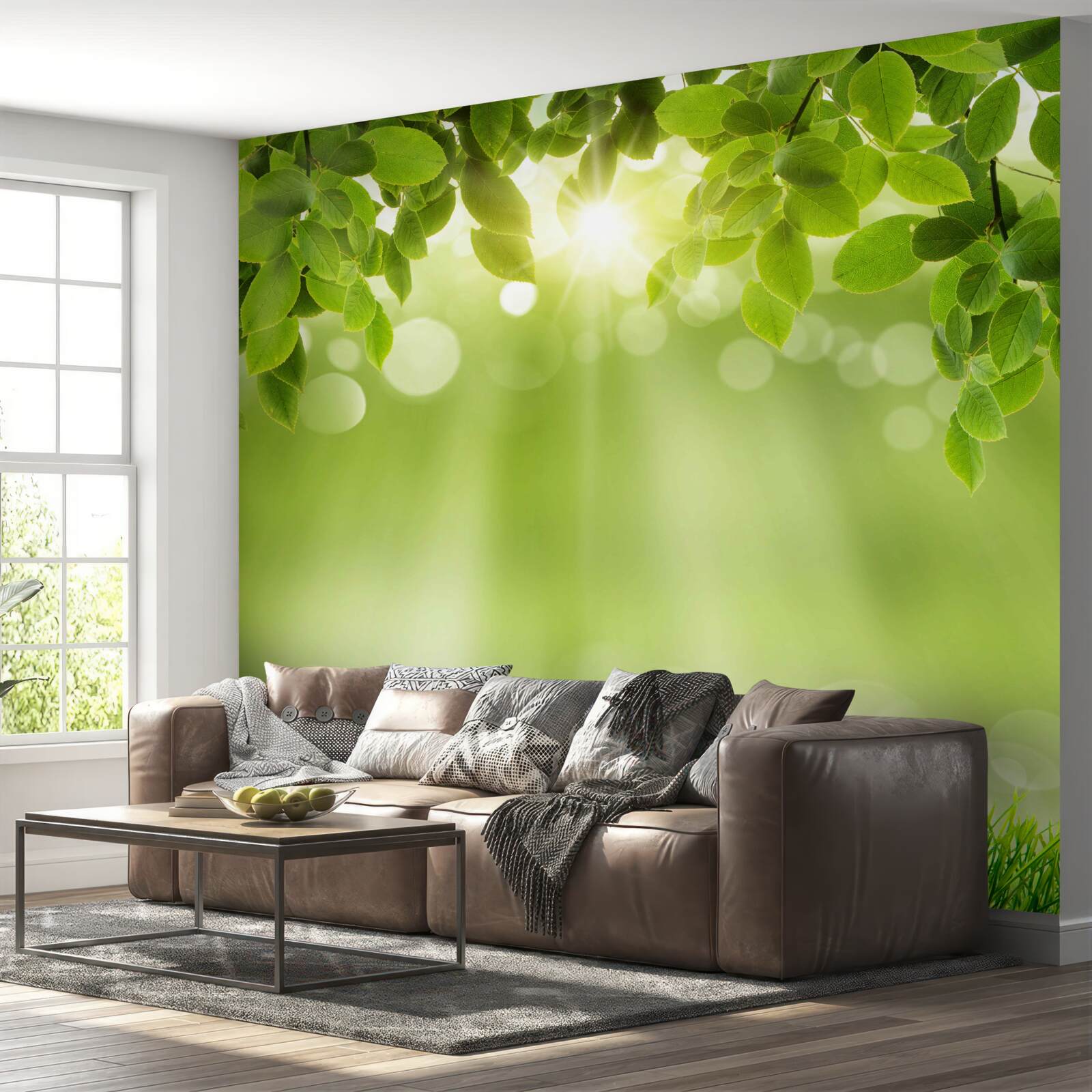 Papier peint les rayons du soleil illuminent une prairie sous la pluie