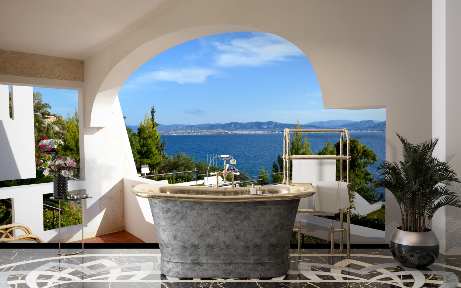 Papier peint terrasse confortable avec vue sur l'océan