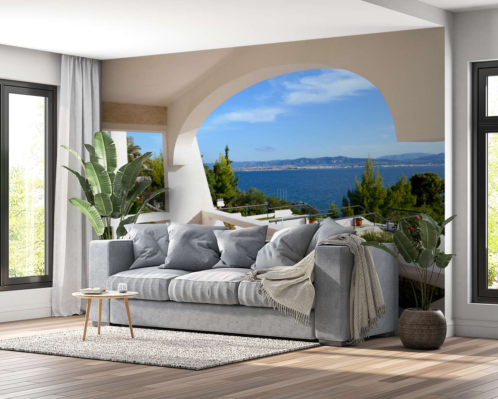 Papier peint terrasse confortable avec vue sur l'océan