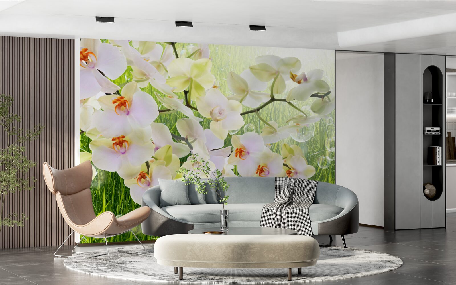 Papier peint branches de cerisiers blancs et pissenlits