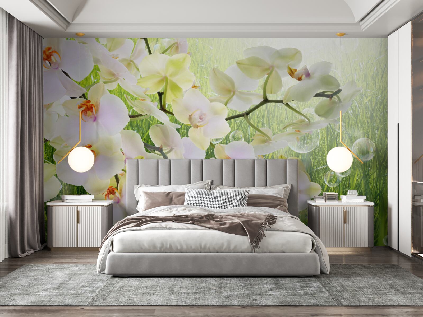 Papier peint branches de cerisiers blancs et pissenlits