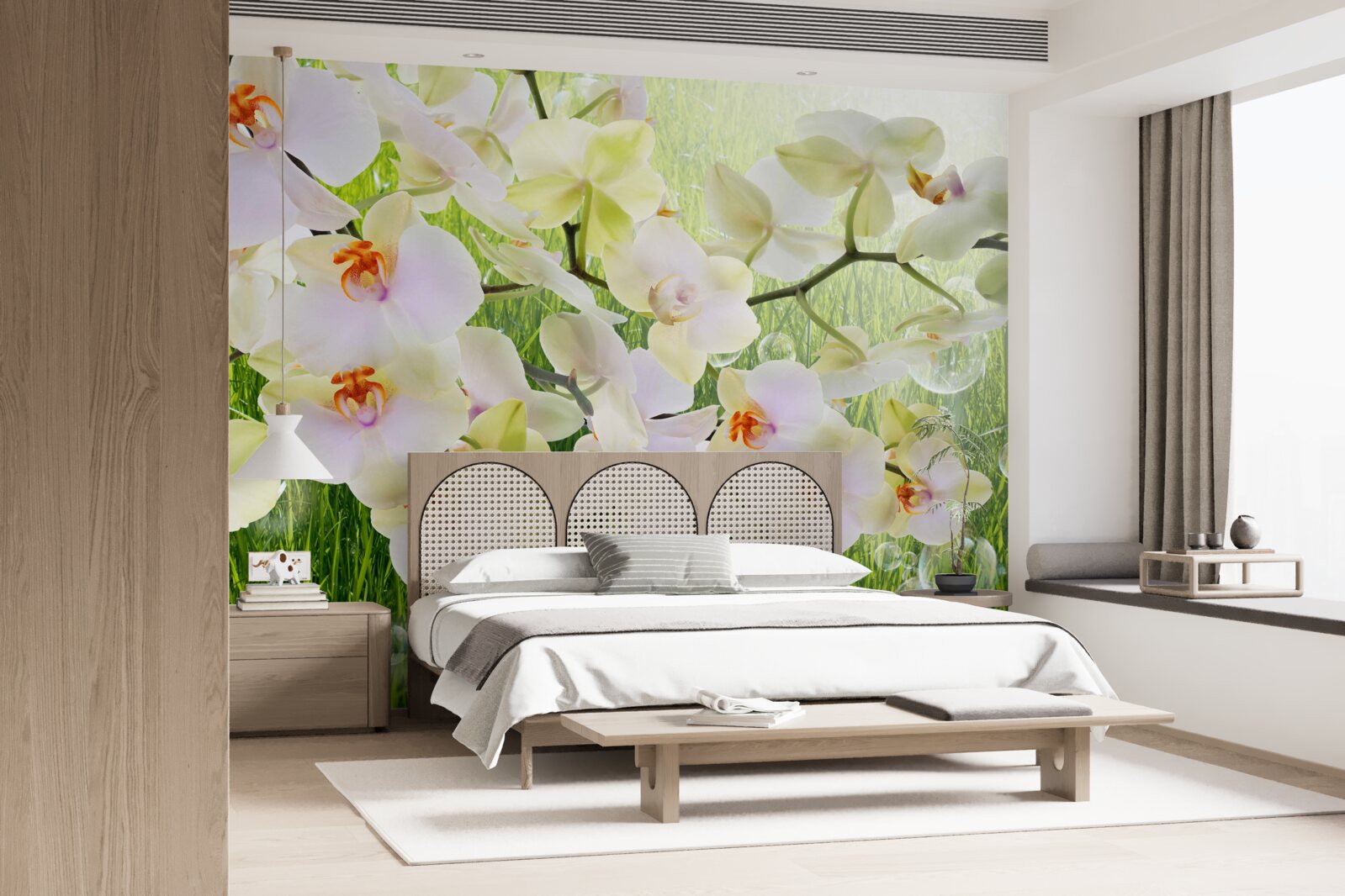 Papier peint branches de cerisiers blancs et pissenlits