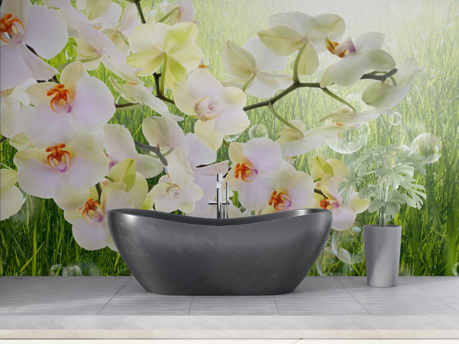 Papier peint branches de cerisiers blancs et pissenlits