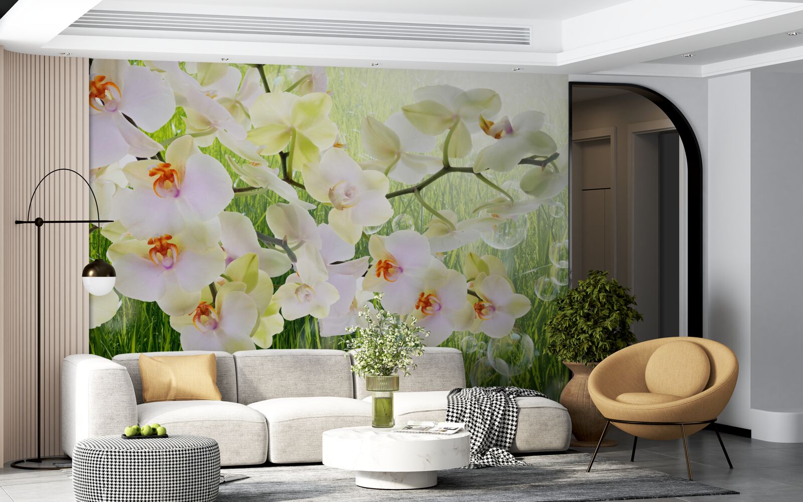 Papier peint branches de cerisiers blancs et pissenlits