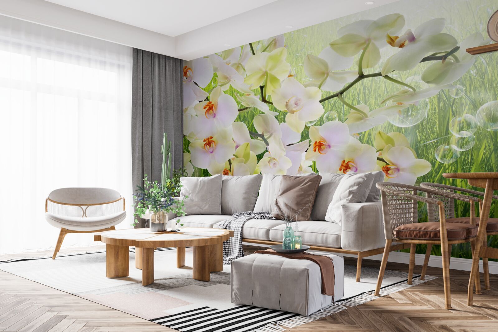 Papier peint branches de cerisiers blancs et pissenlits