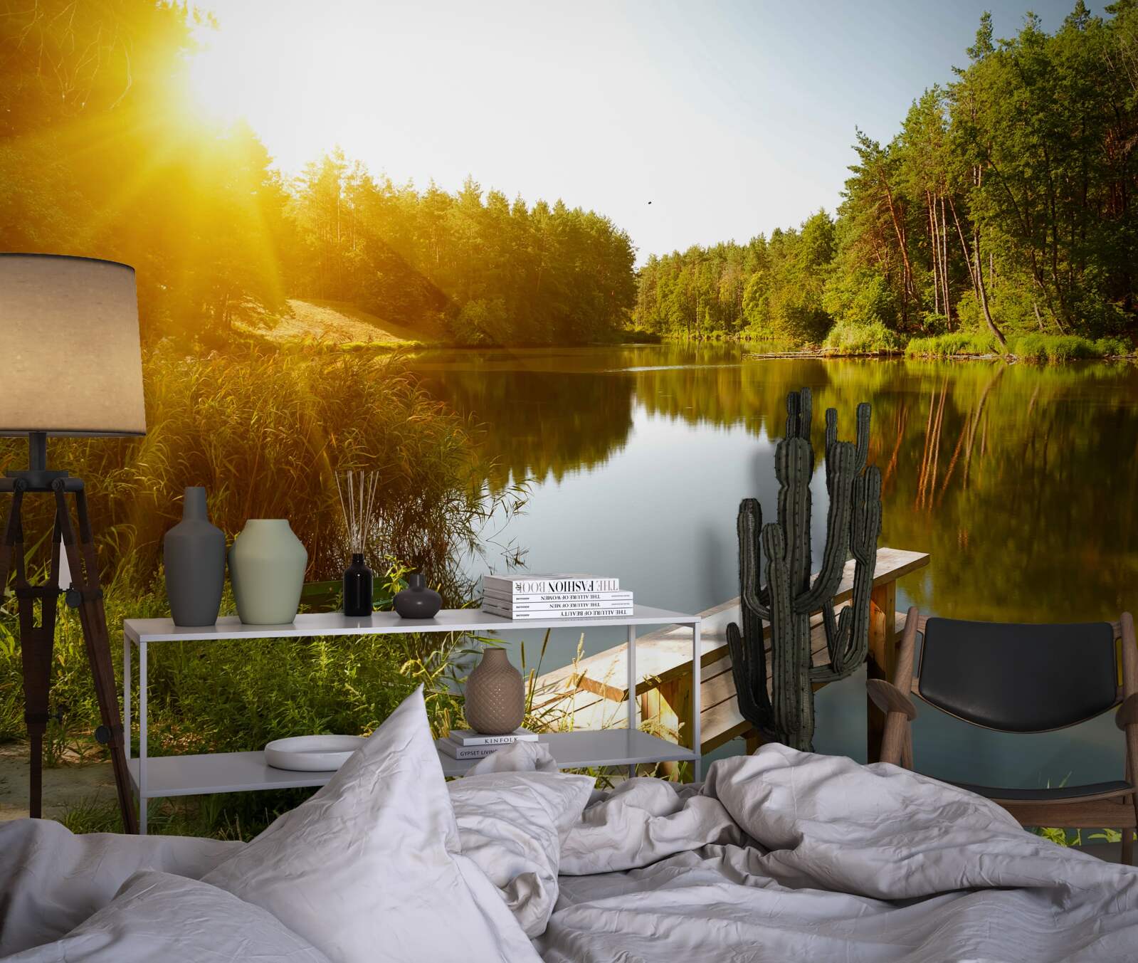 Papier peint matinée lumineuse dans la forêt près de l'étang