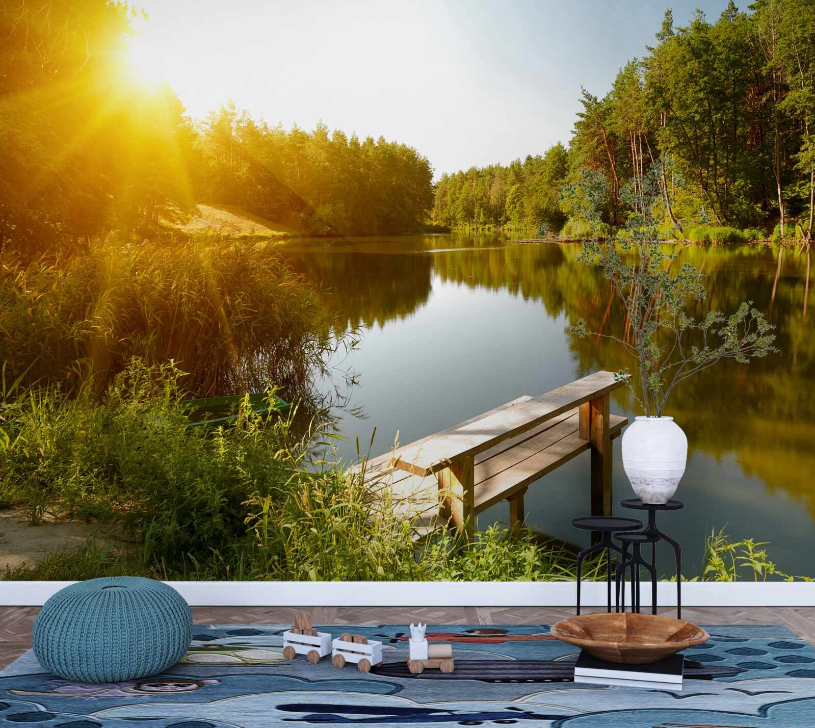 Papier peint matinée lumineuse dans la forêt près de l'étang