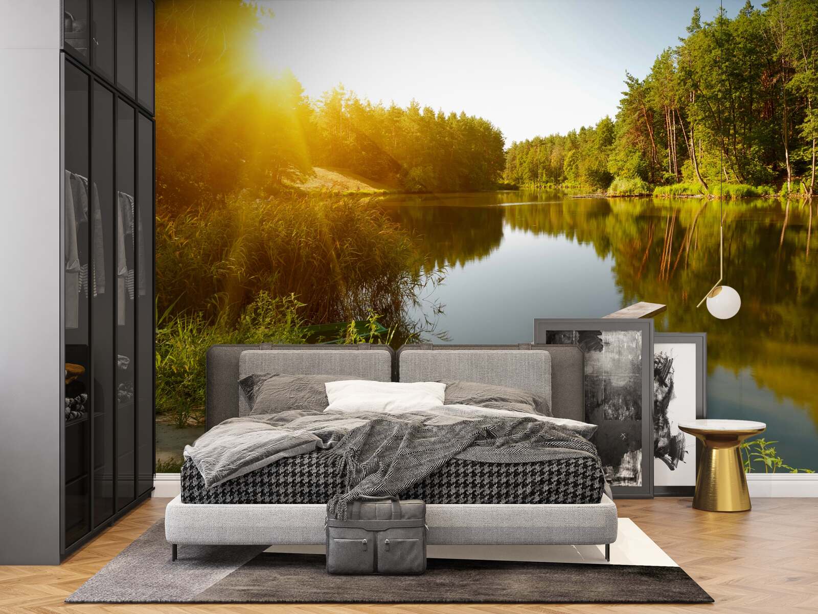 Papier peint matinée lumineuse dans la forêt près de l'étang