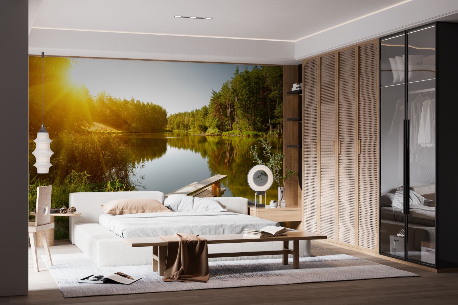 Papier peint matinée lumineuse dans la forêt près de l'étang