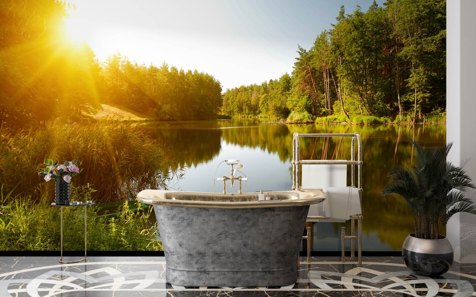 Papier peint matinée lumineuse dans la forêt près de l'étang