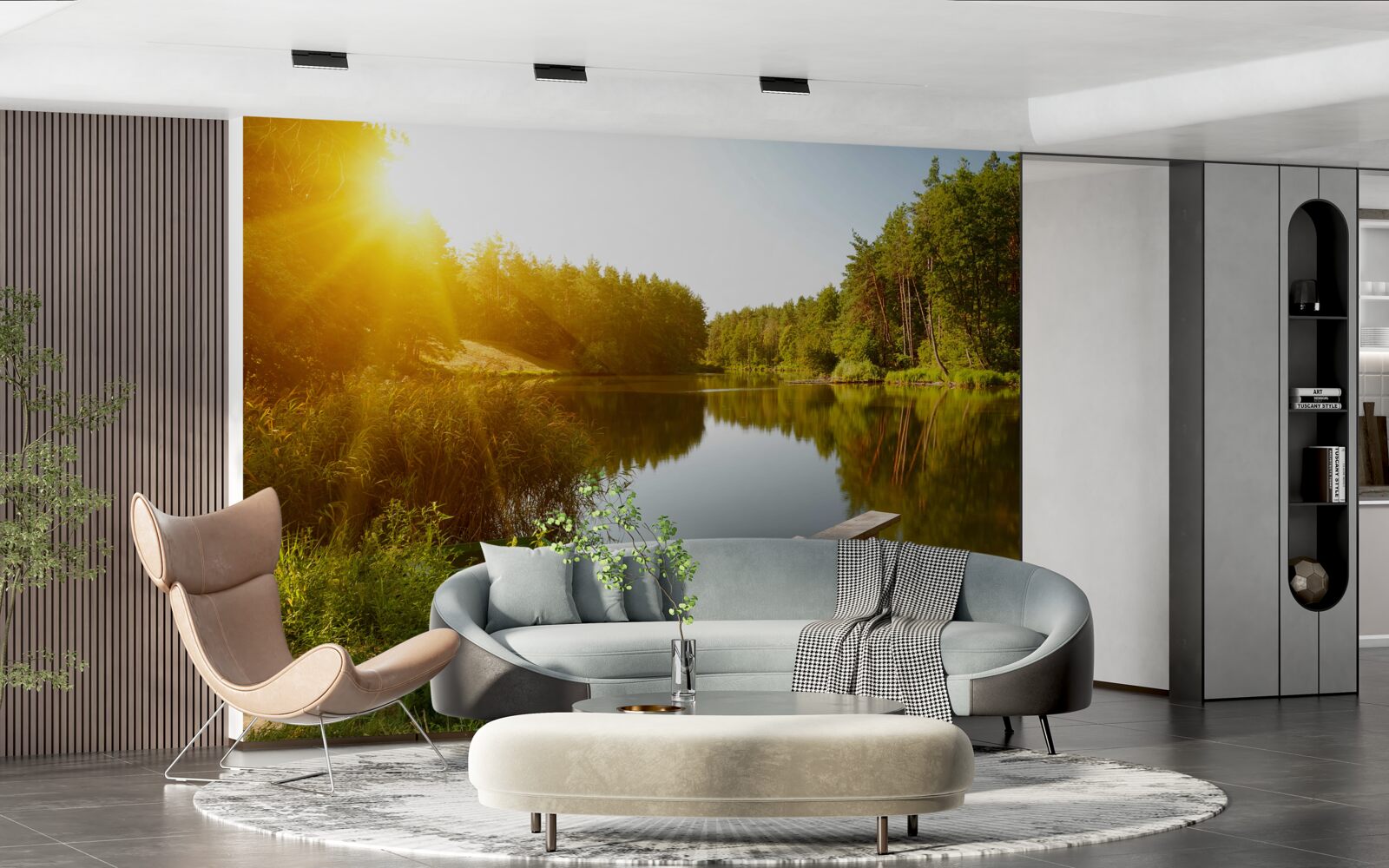 Papier peint matinée lumineuse dans la forêt près de l'étang