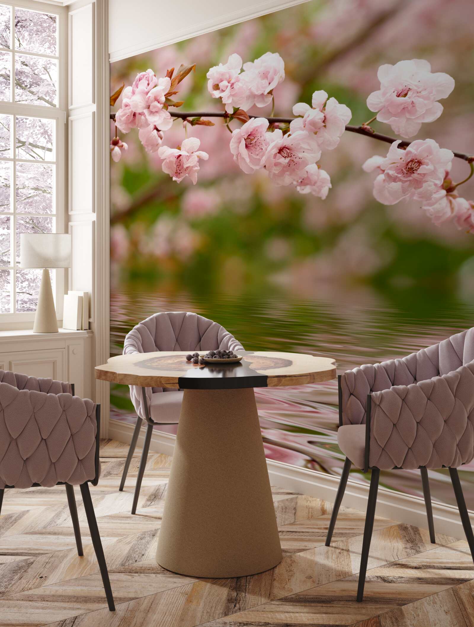 Papier peint branche avec des fleurs à la surface de l'eau