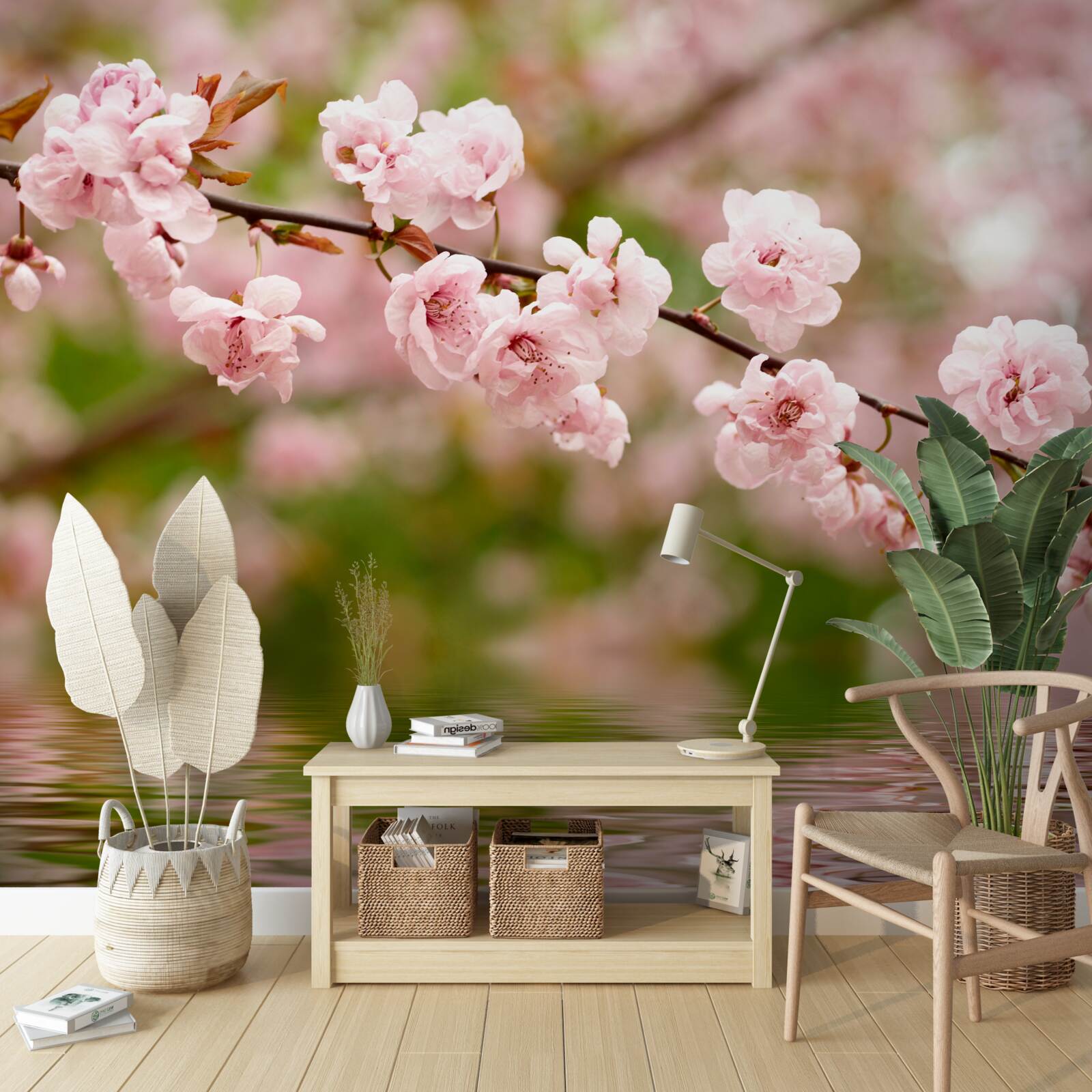 Papier peint branche avec des fleurs à la surface de l'eau