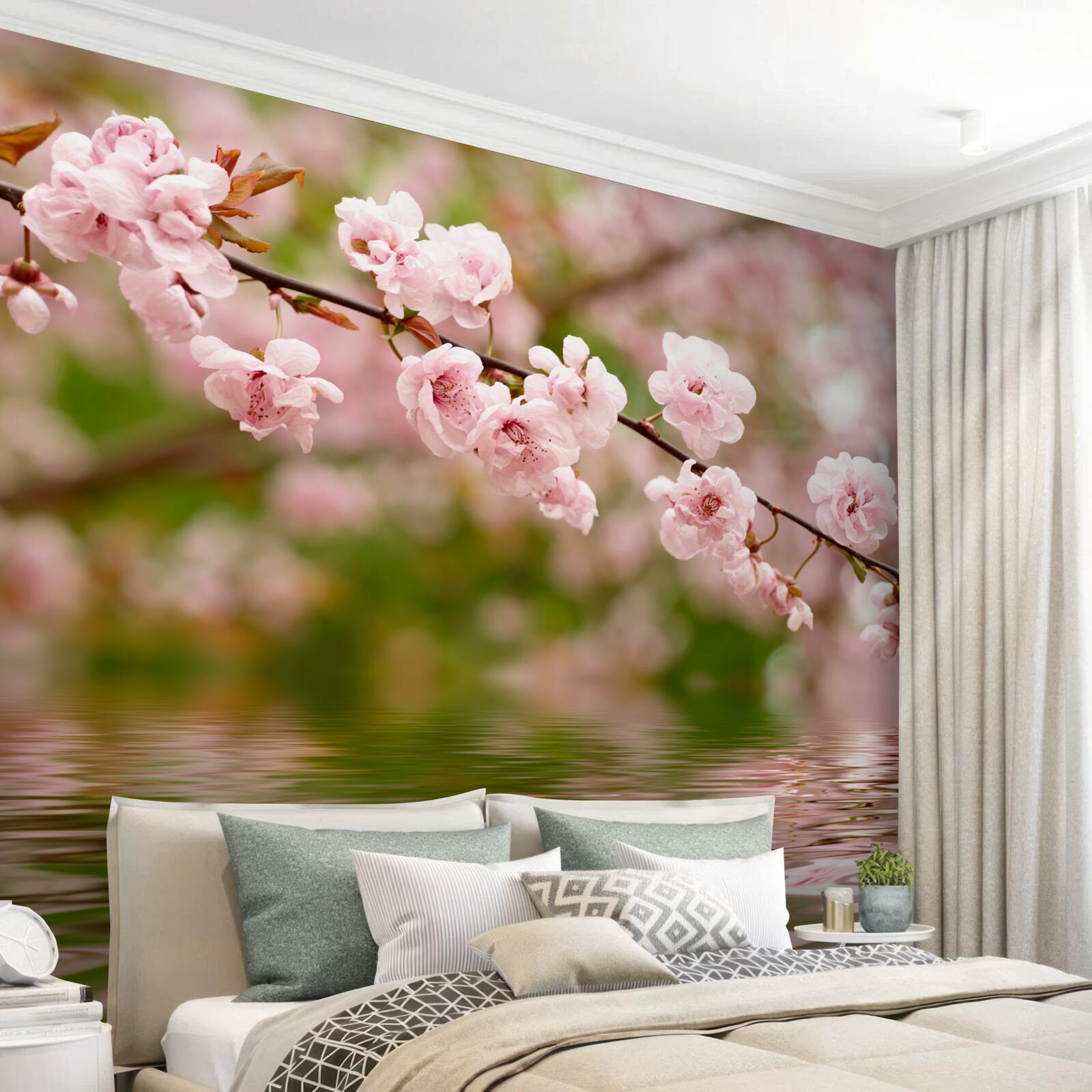 Papier peint branche avec des fleurs à la surface de l'eau