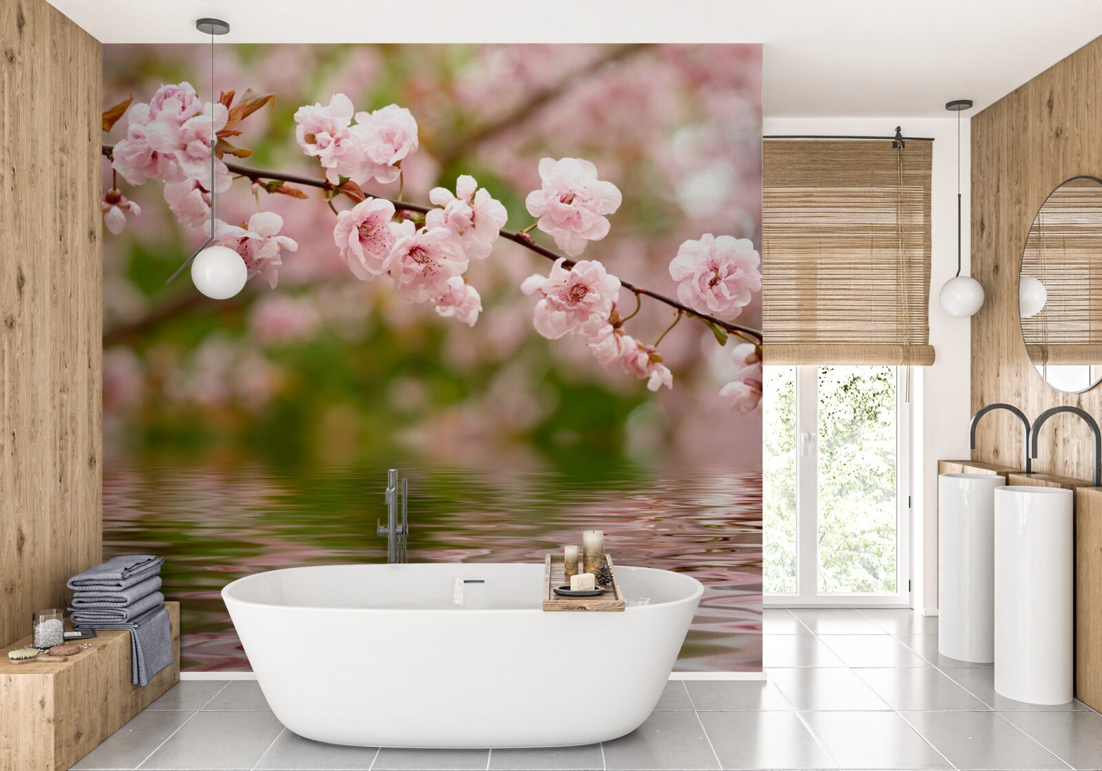 Papier peint branche avec des fleurs à la surface de l'eau