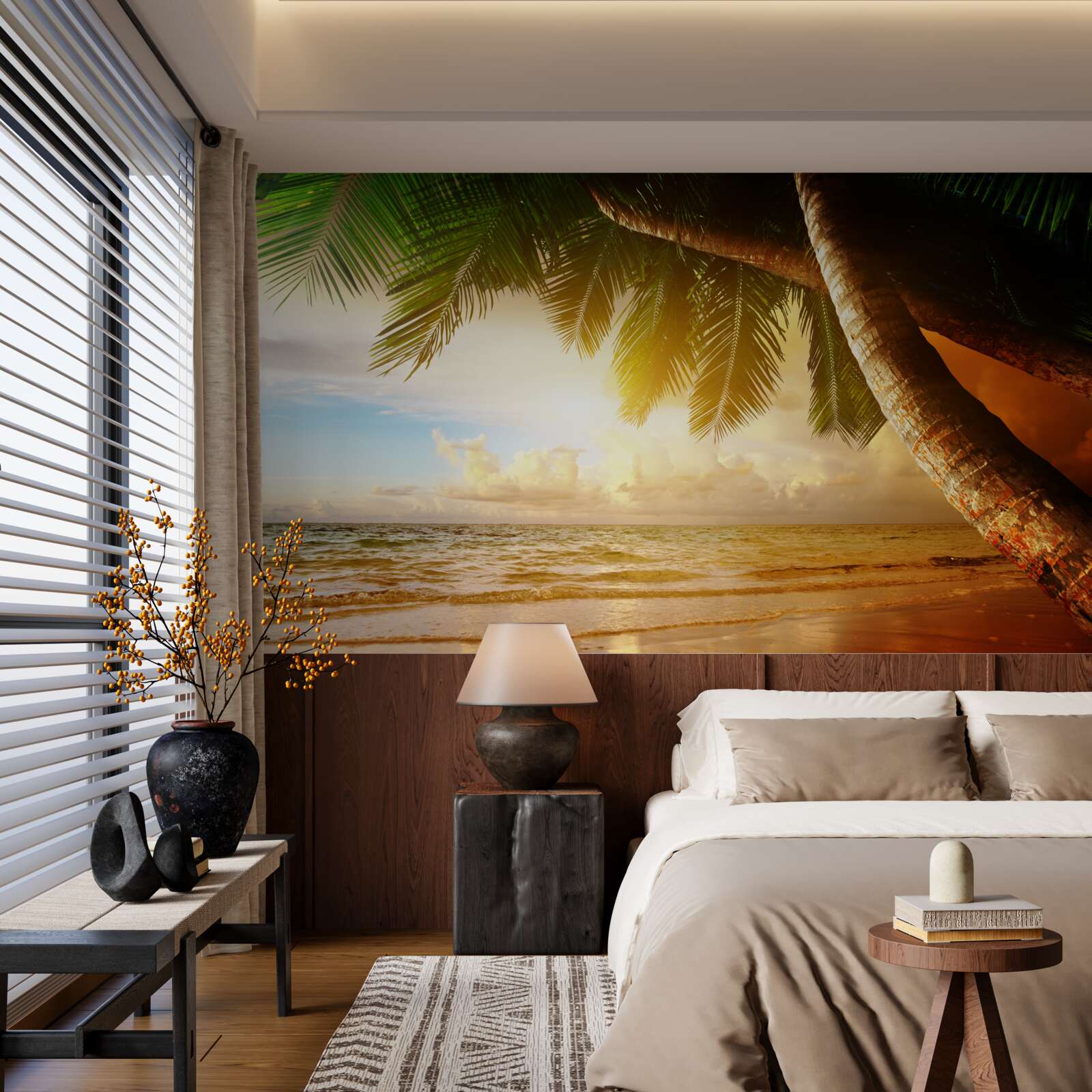 Papier peint palmier près de l'eau au coucher du soleil sous les tropiques