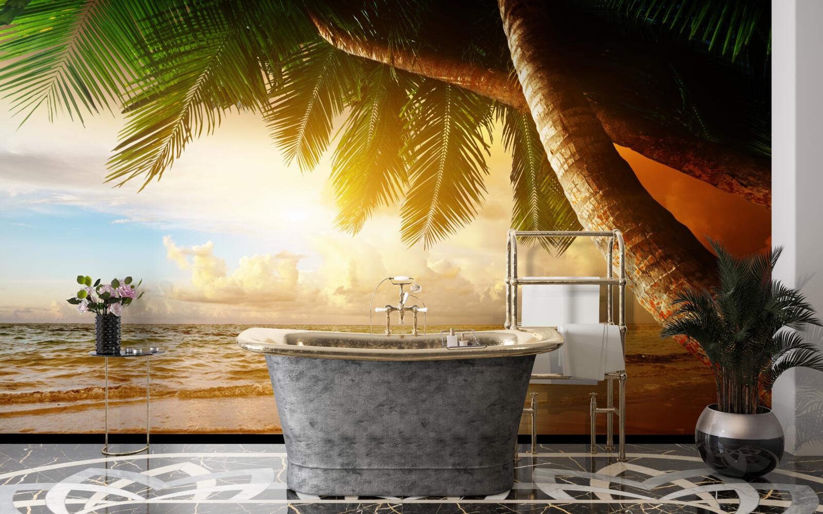 Papier peint palmier près de l'eau au coucher du soleil sous les tropiques