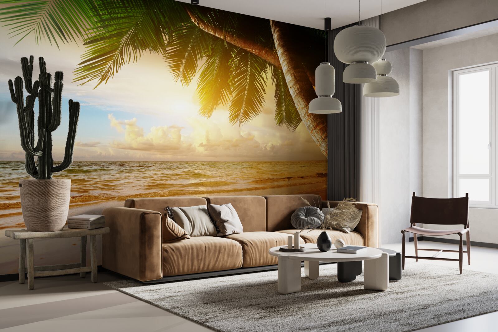 Papier peint palmier près de l'eau au coucher du soleil sous les tropiques