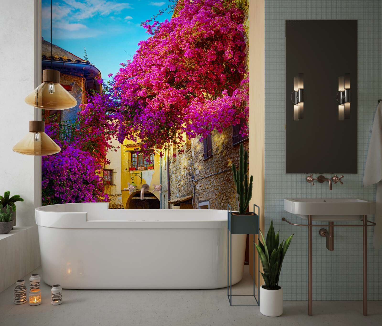 Papier peint des fleurs violettes ornent les murs de la ville ancienne