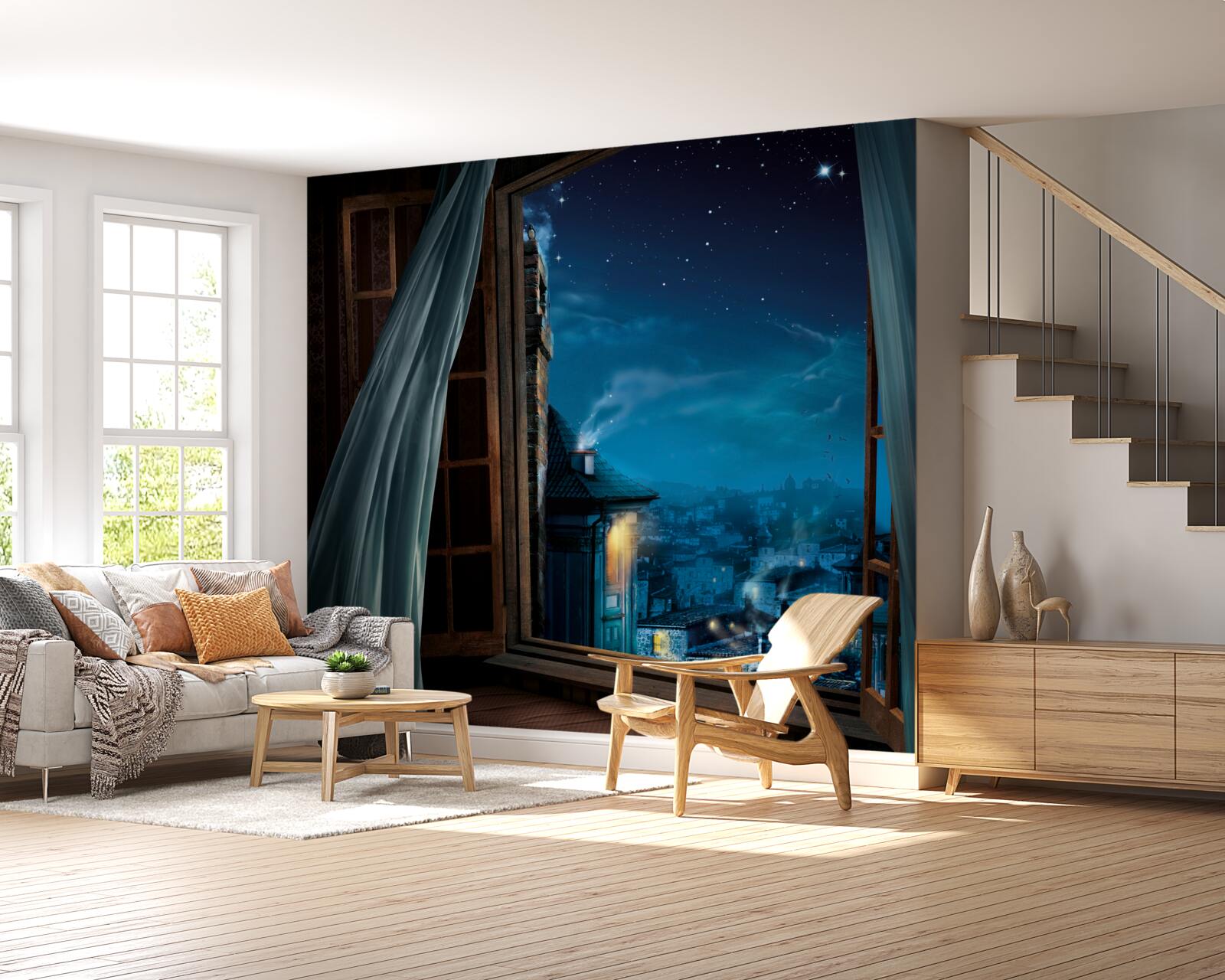 Papier peint vue sur le ciel nocturne depuis la fenêtre