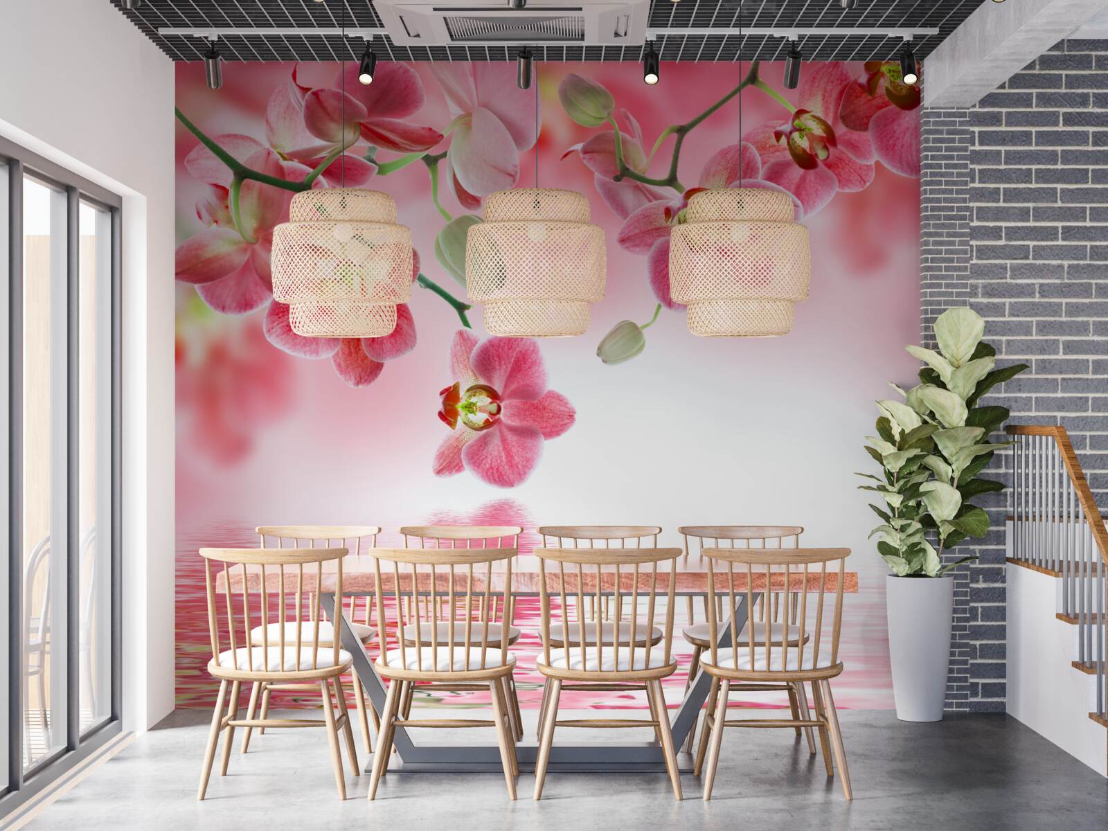 Papier peint une orchidée rouge est suspendue à un arbre au-dessus de l'eau