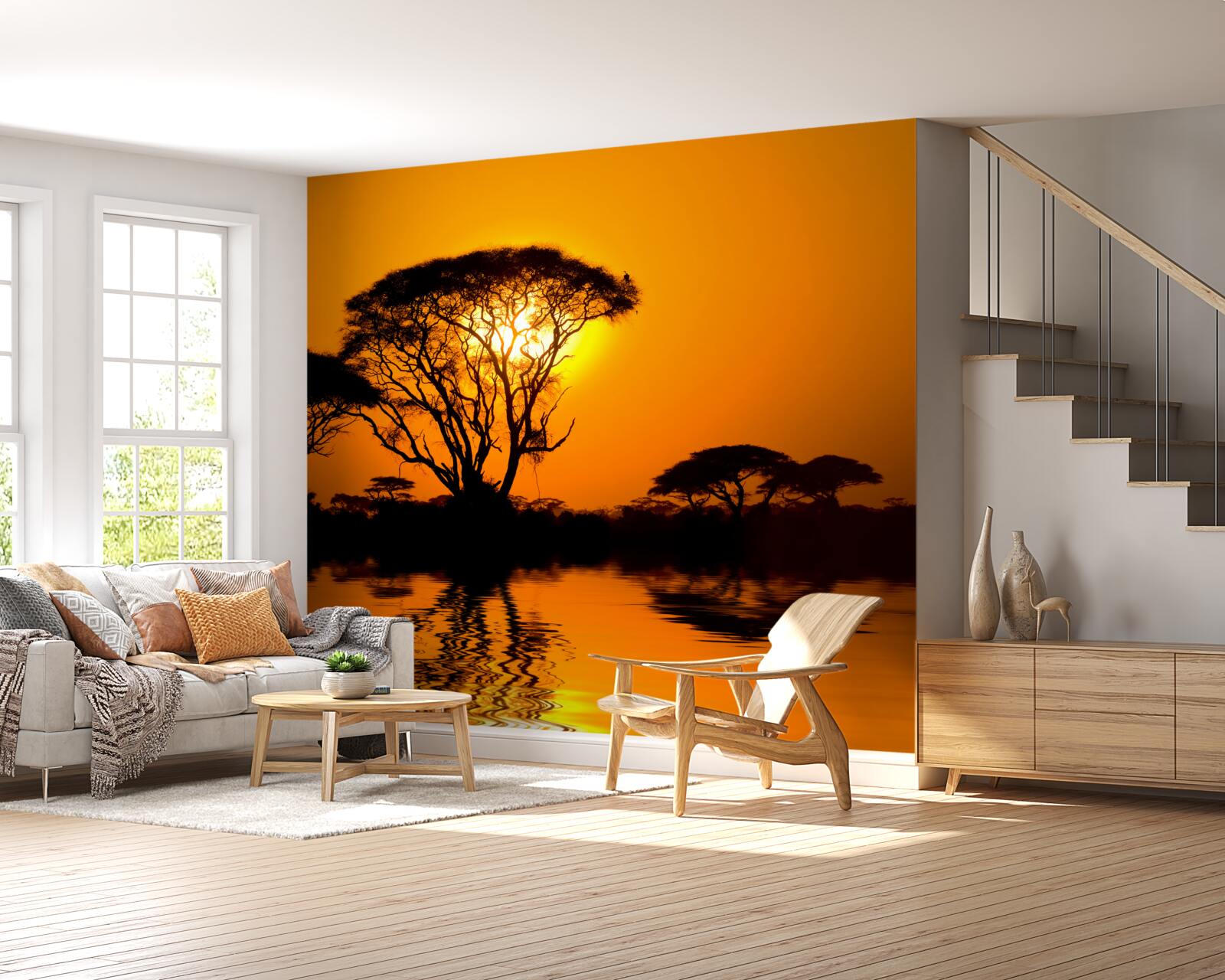 Papier peint coucher de soleil dans le désert se reflétant dans l'eau