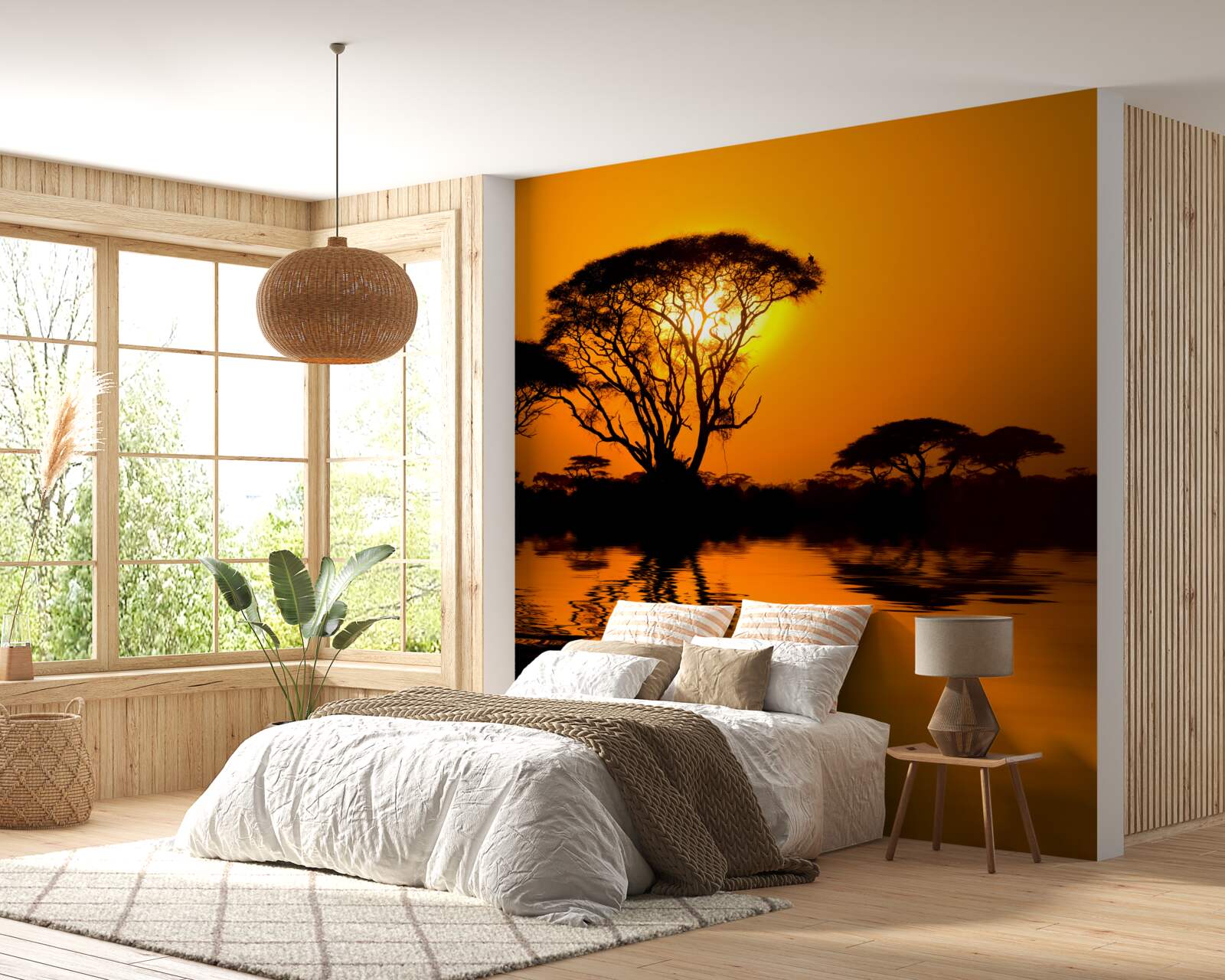 Papier peint coucher de soleil dans le désert se reflétant dans l'eau