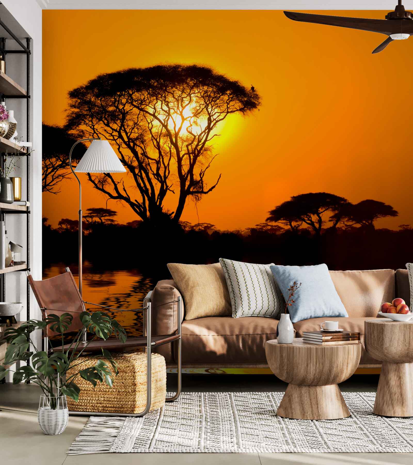 Papier peint coucher de soleil dans le désert se reflétant dans l'eau