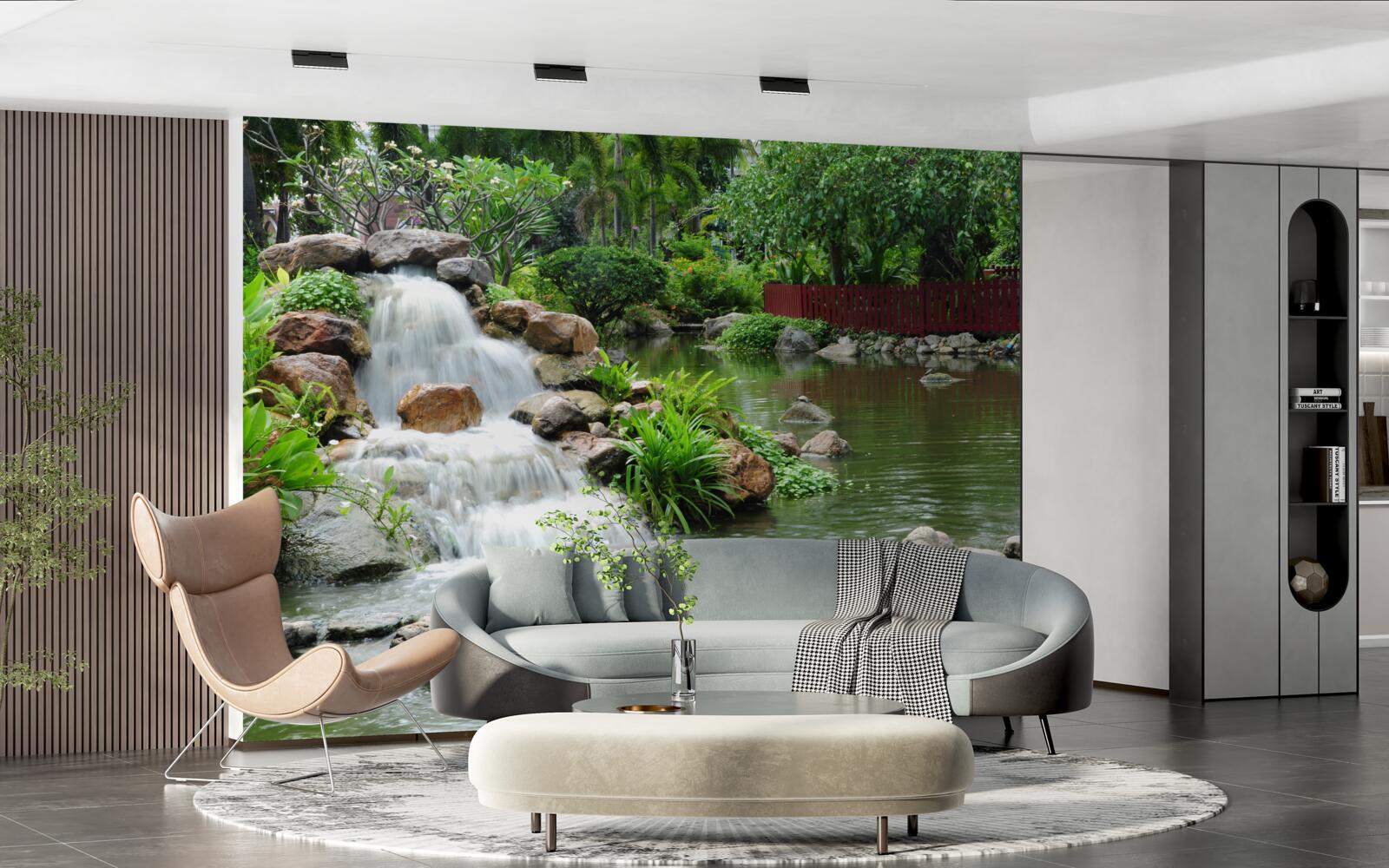 Papier peint une petite cascade entourée de verdure