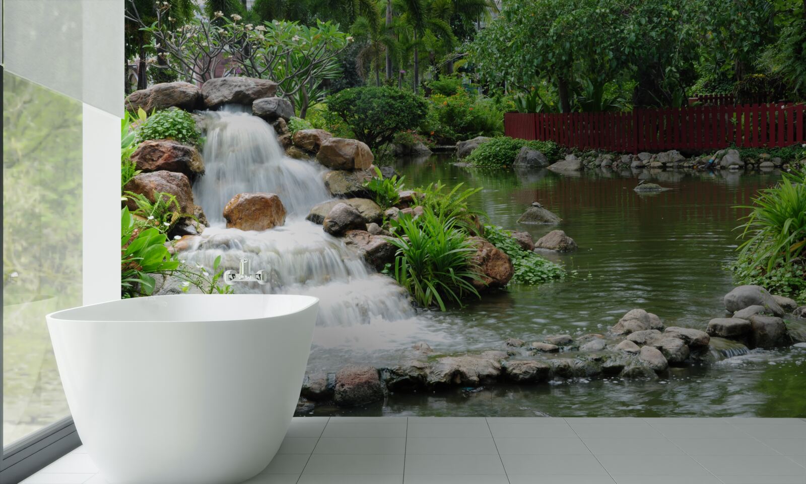 Papier peint une petite cascade entourée de verdure