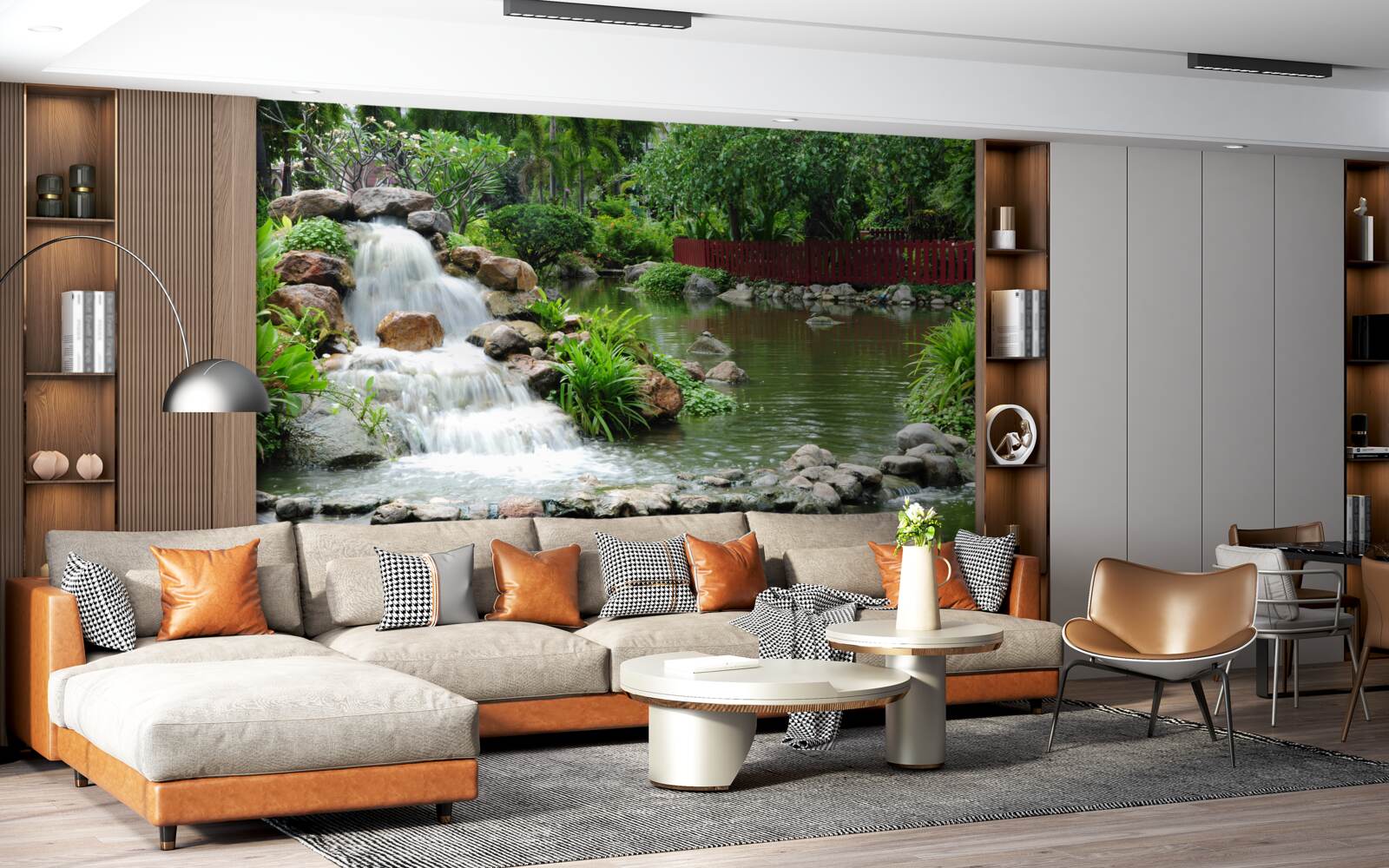 Papier peint une petite cascade entourée de verdure