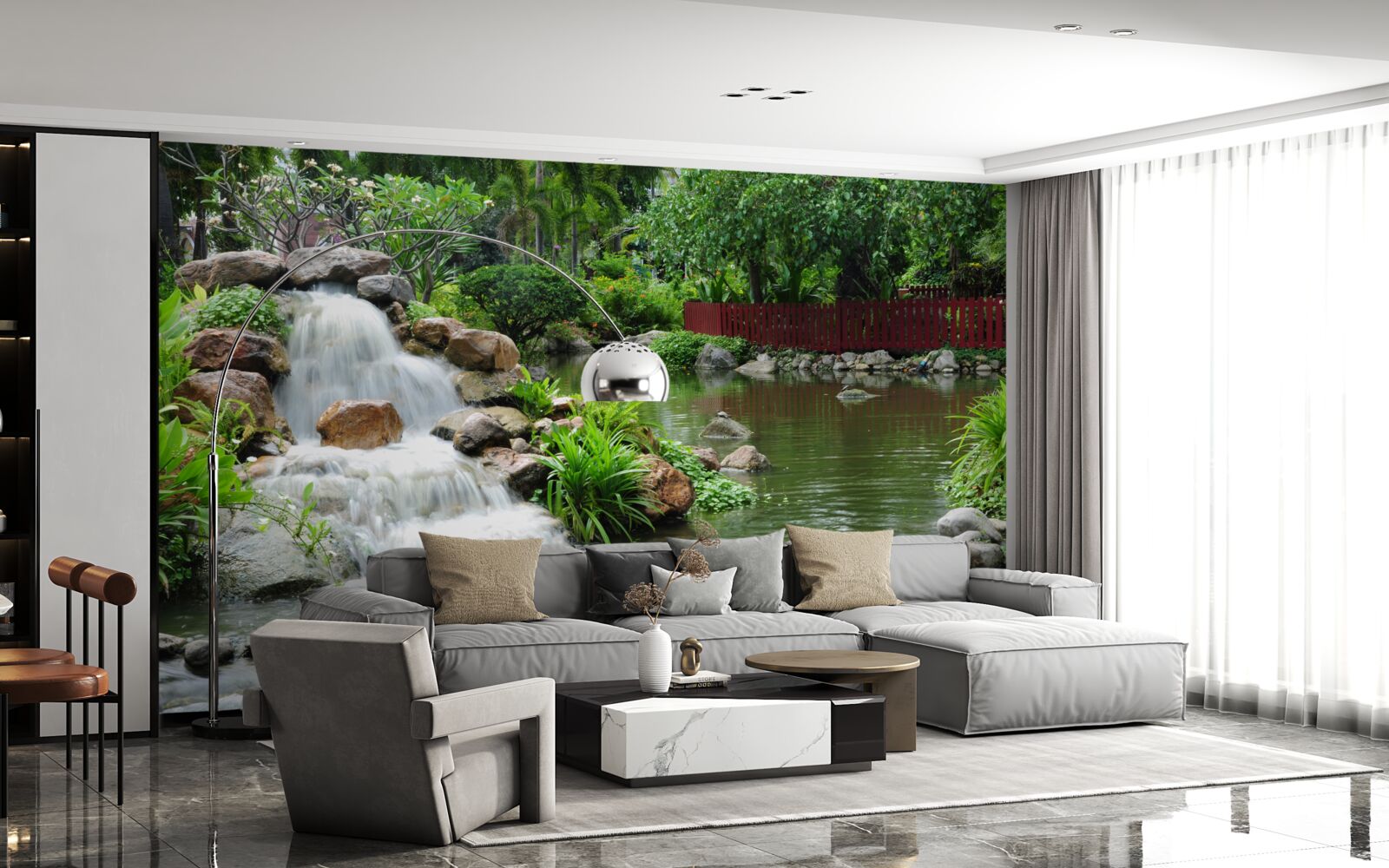 Papier peint une petite cascade entourée de verdure