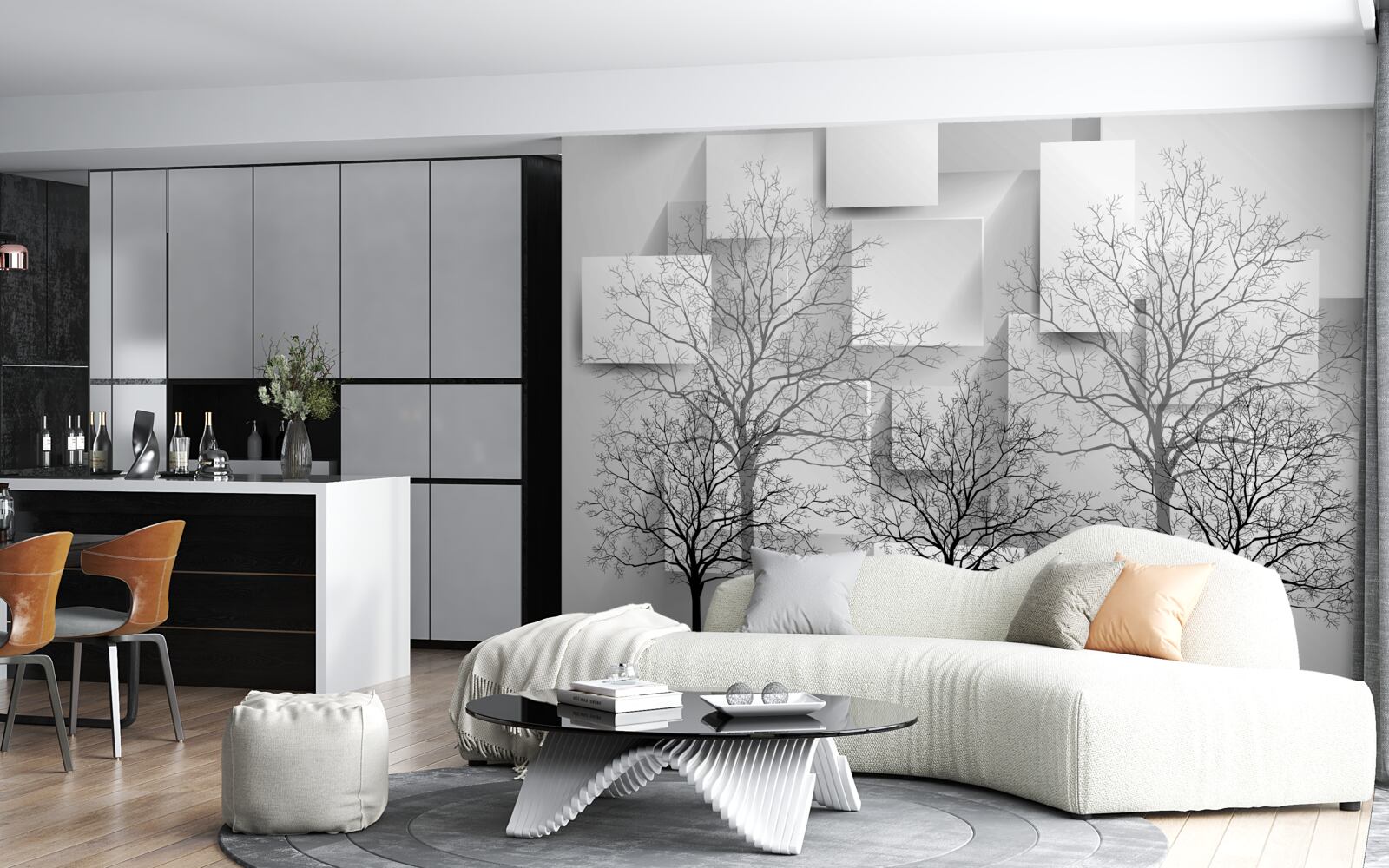 Papier peint arbres nus sur fond de formes abstraites